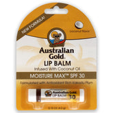 Australian Gold SPF30 lip balm tube provides sun protection and coconut flavor for on-the-go hydration.