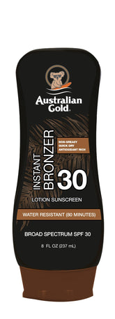 Australian Gold sunscreen lotion bottle shows SPF 30 hydration for daily outdoor protection.