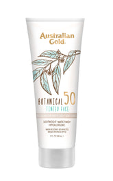 Australian Gold Botanical SPF50 tinted sunscreen bottle with mineral protection for sensitive skin.