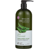 Avalon Organics Hand & Body Lotion Aloe Unscented bottle front shows fragrance-free hydration for sensitive skin.