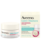 Aveeno Calm + Restore Eye Gel jar closeup shows fragrance-free formula for sensitive under-eye skin.