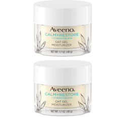 Aveeno Calm + Restore oat gel facial moisturizer jar closeup highlighting non-greasy finish.
