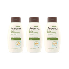 Aveeno Daily Moisturizing Body Wash 3-pack bottles shown together for easy, ongoing hydration.