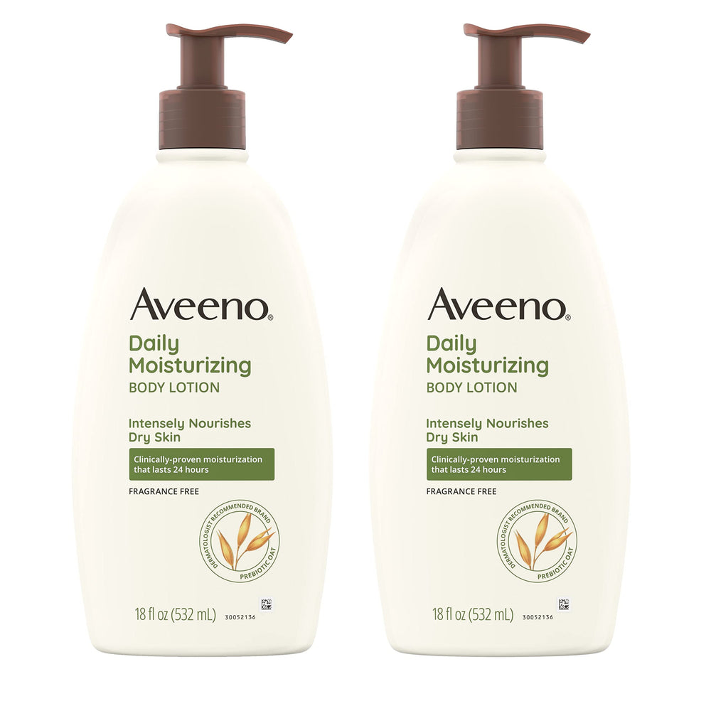 Aveeno Daily Moisturizing Lotion two-pack front label view showing fragrance-free hydration for dry skin