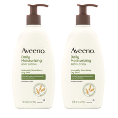 Aveeno Daily Moisturizing Lotion two-pack front label view showing fragrance-free hydration for dry skin