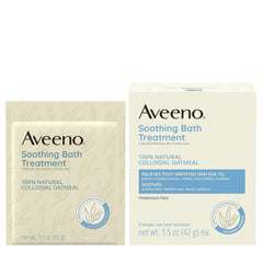Aveeno packaging shows individual sachets for convenient, mess-free baths.