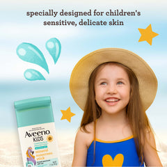 Aveeno Kids sunscreen stick applied on the face for mess-free sun protection.