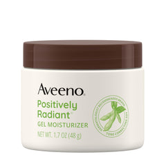 Aveeno Positively Radiant jar closeup showcasing the lightweight gel texture for daily hydration