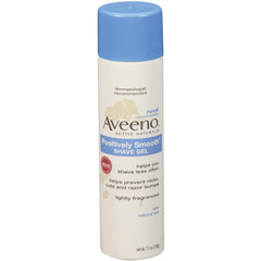 Aveeno Positively Smooth shave gel bottle shows moisturizing formula for a smoother shave.