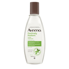 Aveeno Skin Clarifying Toner bottle close-up highlights alcohol-free, gentle hydration.