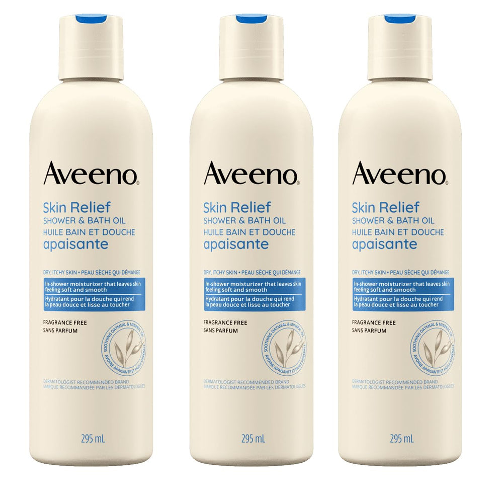 Aveeno Skin Relief Shower & Bath Oil case pack showing three bottles for bulk routine