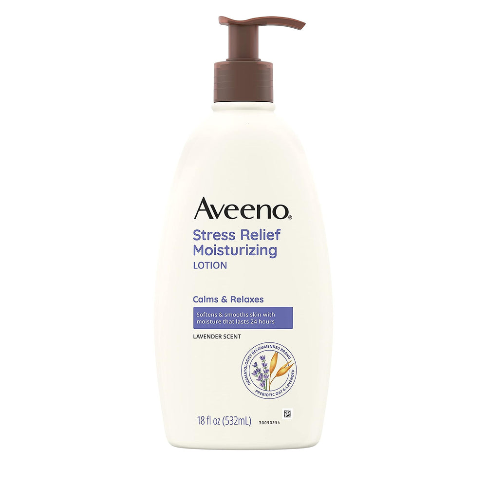 Aveeno Stress Relief Lotion bottle front with lavender scent for calming relaxation.