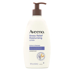 Aveeno Stress Relief Lotion bottle front with lavender scent for calming relaxation.