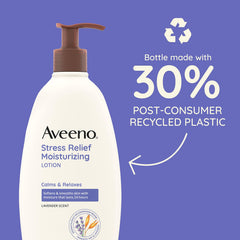 Three-pack display of Aveeno Stress Relief Lotion highlighting value and daily use.