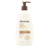 Aveeno Tone + Texture daily renewing lotion bottle on counter for easy daily renewal