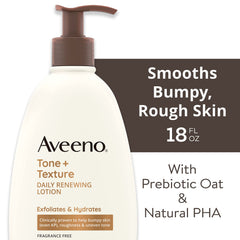 Aveeno Tone + Texture lotion being applied to hand shows fragrance-free sensitive-skin care