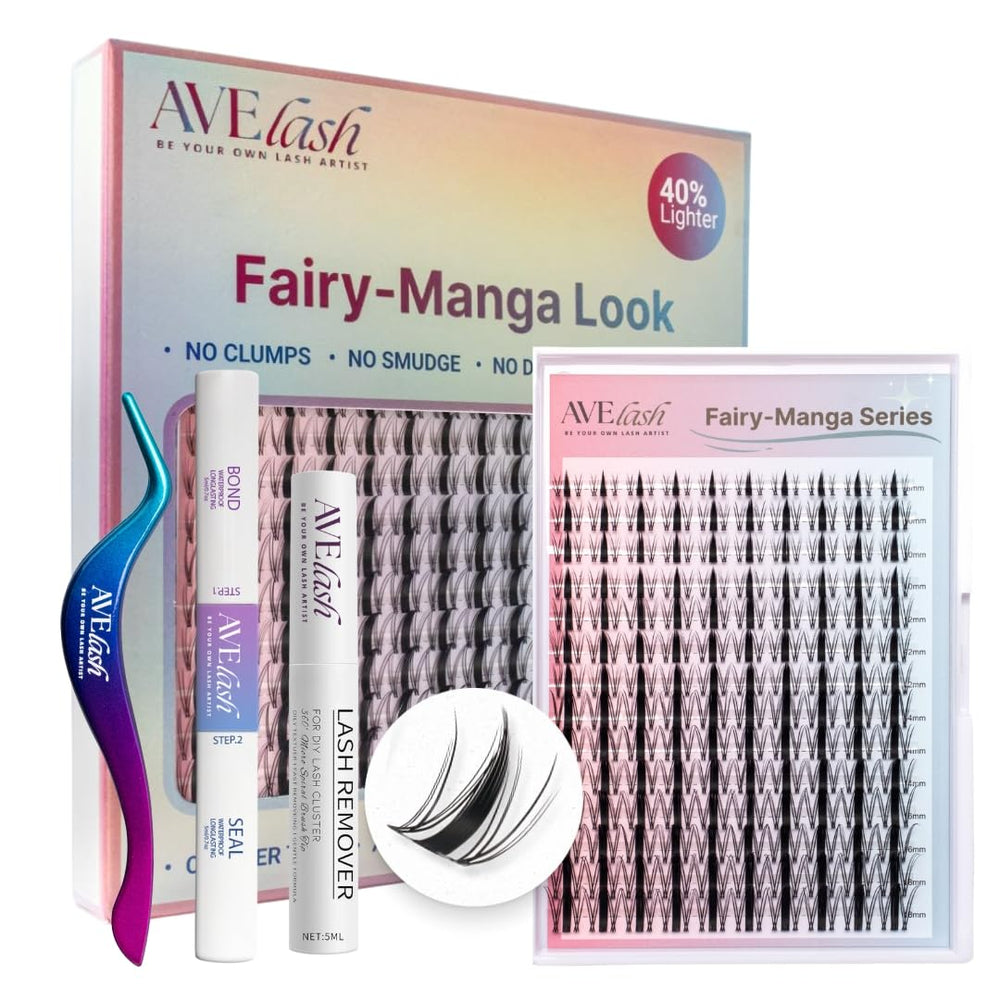 AVELASH Fairy Manga Lash Clusters Kit packaging highlights premium DIY lashes for easy home application