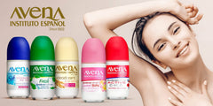 Close-up of Avena Instituto Espanol deodorant roll-on applying to skin for quick-dry protection.
