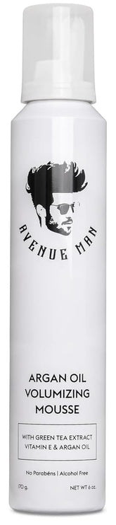 Avenue Man Argan Oil Mousse bottle highlights hydrating formula for silky, frizz-free style.