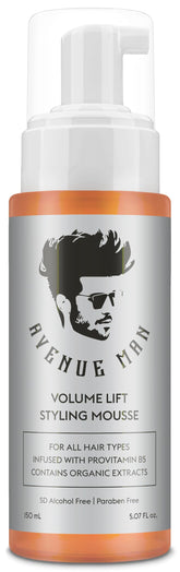 Avenue Man Volume Lift Mousse bottle shows premium packaging for easy styling