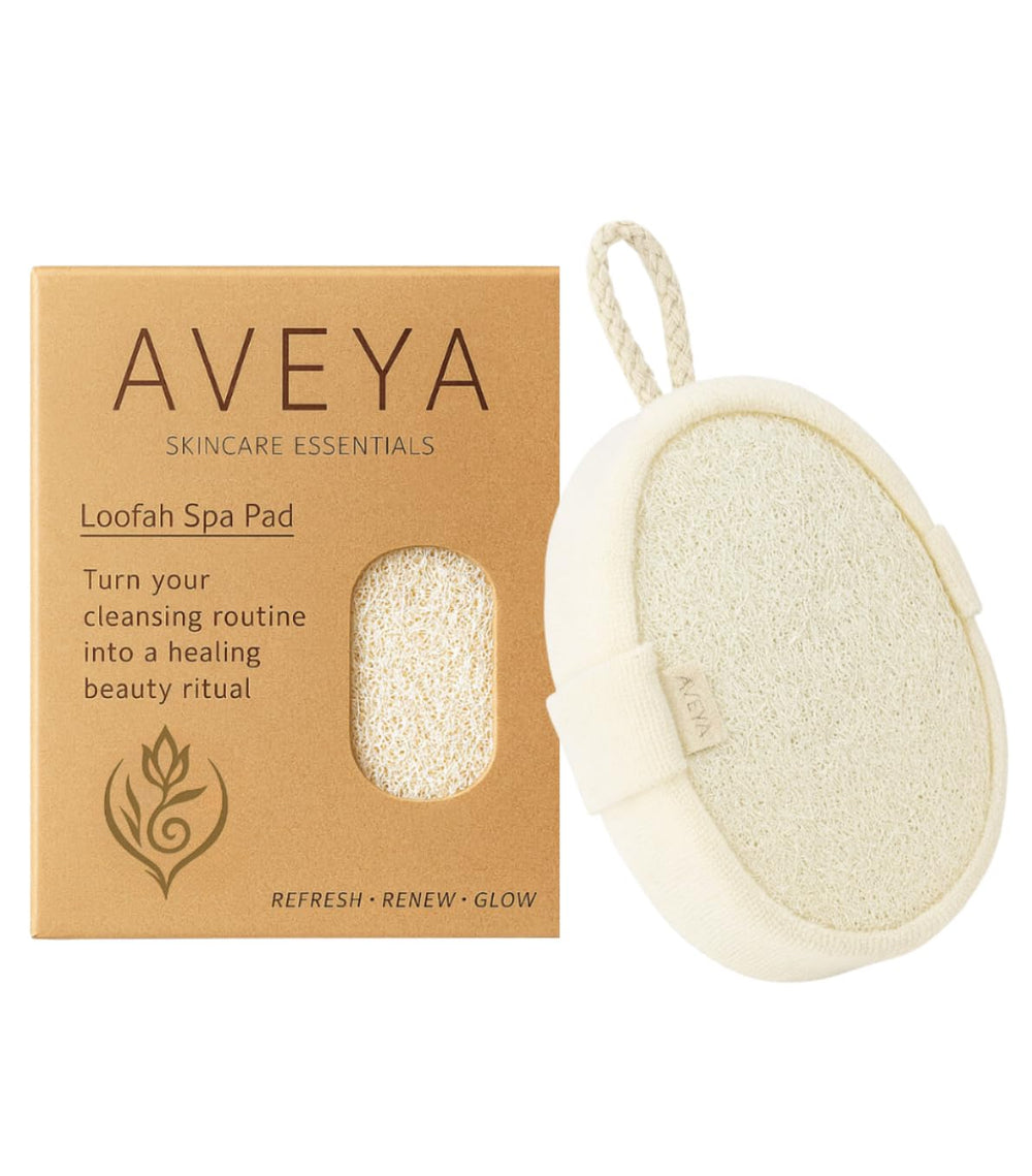 Aveya Skincare Essentials natural loofah sponge shows body and face exfoliation for spa-grade results.