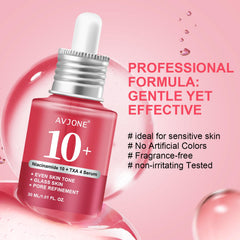 AVJONE Niacinamide Serum glass bottle highlights tranexamic acid benefits for even complexion.