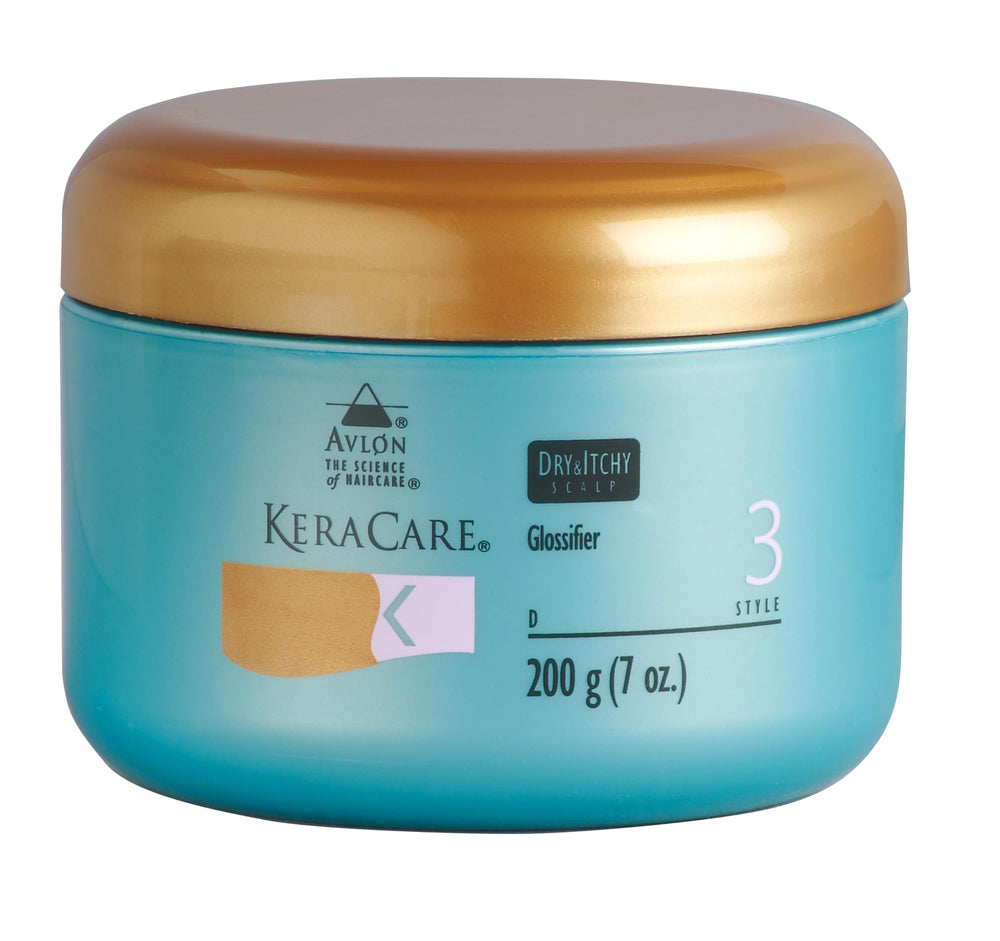 Avlon Keracare Dry and Itchy Glossifier bottle highlighting scalp hydration for daily comfort