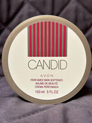 AVON Candid perfumed skin softener on skin suggests satin-smooth feel and fragrance.