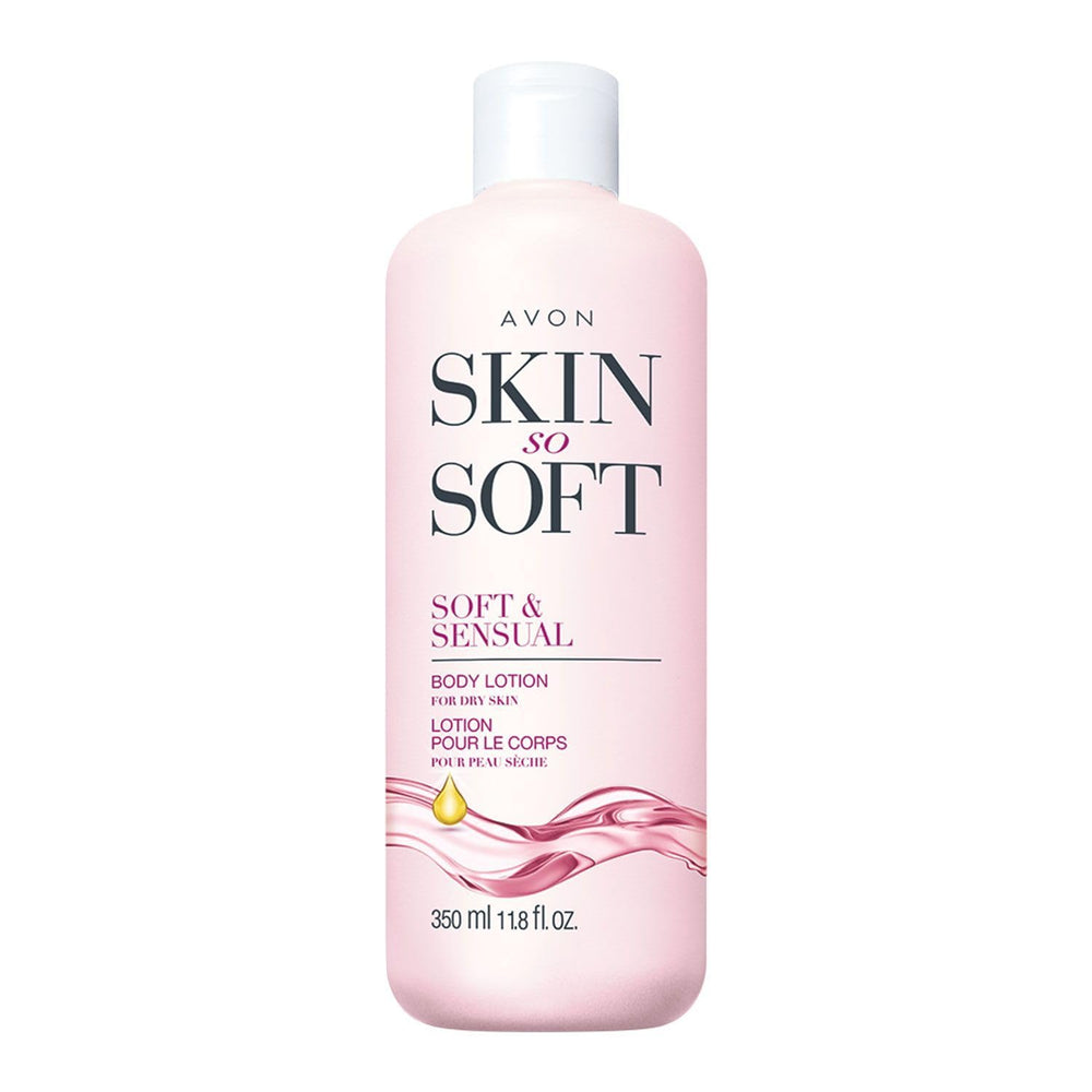 AVON Skin So Soft Soft & Sensual bottle pour showcases deep hydration for smooth skin.