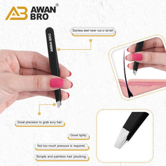 AWAN BRO stainless steel tweezers with slant tip for brows and precise shaping.