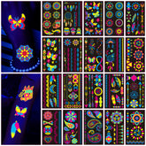 AWINMAY glow tattoos sheets shown under UV light for neon party vibes.