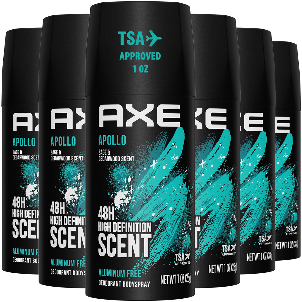 AXE Apollo travel deodorant bodyspray bottle, 1oz size for on-the-go freshness.