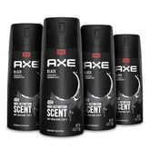 AXE Black body spray bottle closeup highlighting aluminum-free formula for long-lasting freshness.