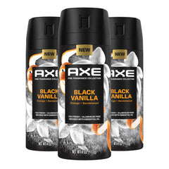 AXE Black Vanilla orange-sandalwood spray can with 72-hour odor protection.