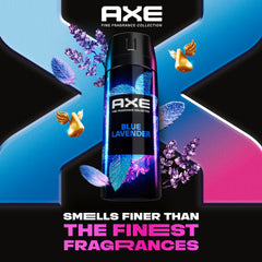 Closeup of AXE Blue Lavender bottle highlighting aluminum-free formula.