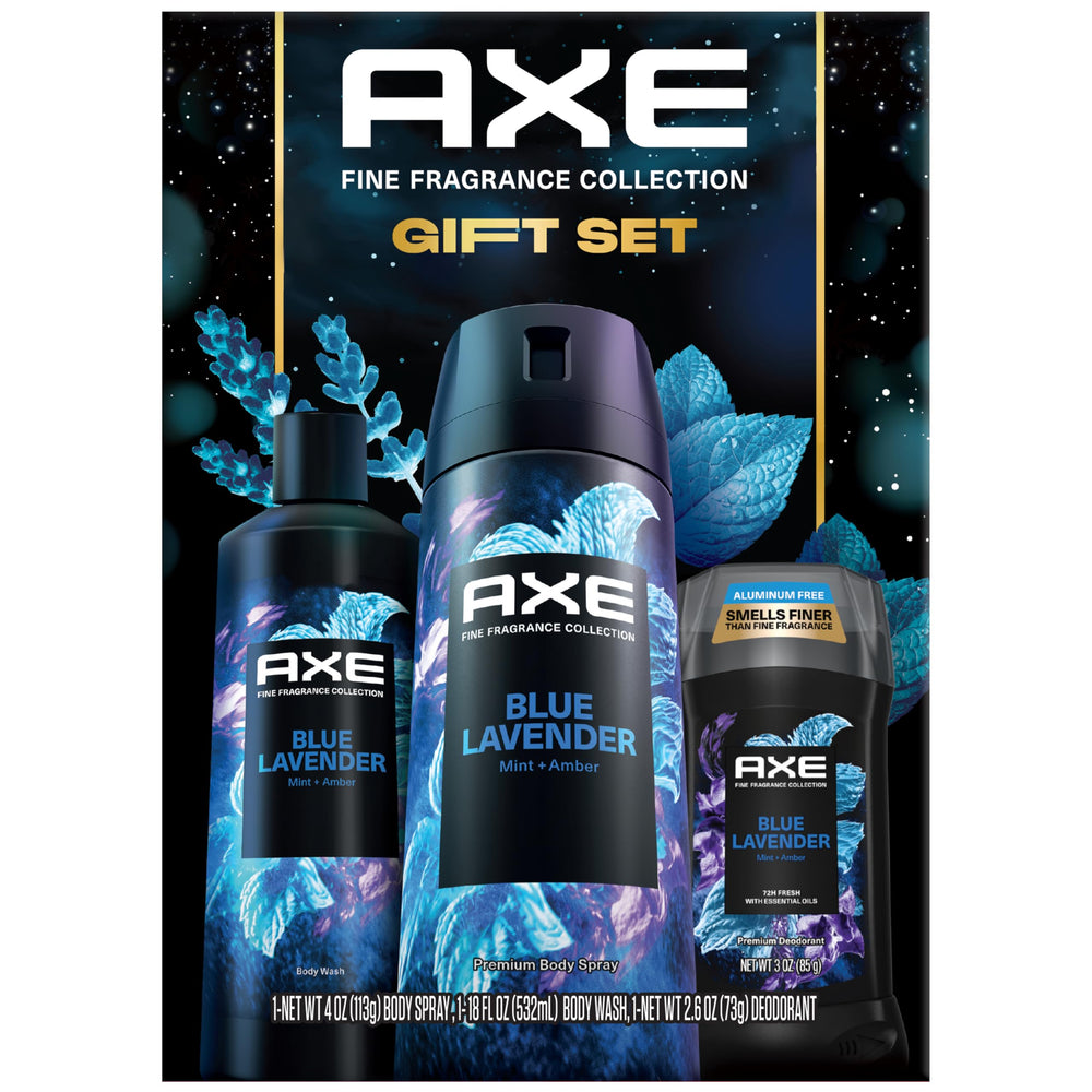 AXE Blue Lavender gift box shows the three-piece set for gifting versatility