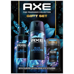 AXE Blue Lavender gift box shows the three-piece set for gifting versatility