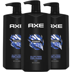 AXE Phoenix body wash pump bottle showing refreshing cleanse and long-lasting fragrance