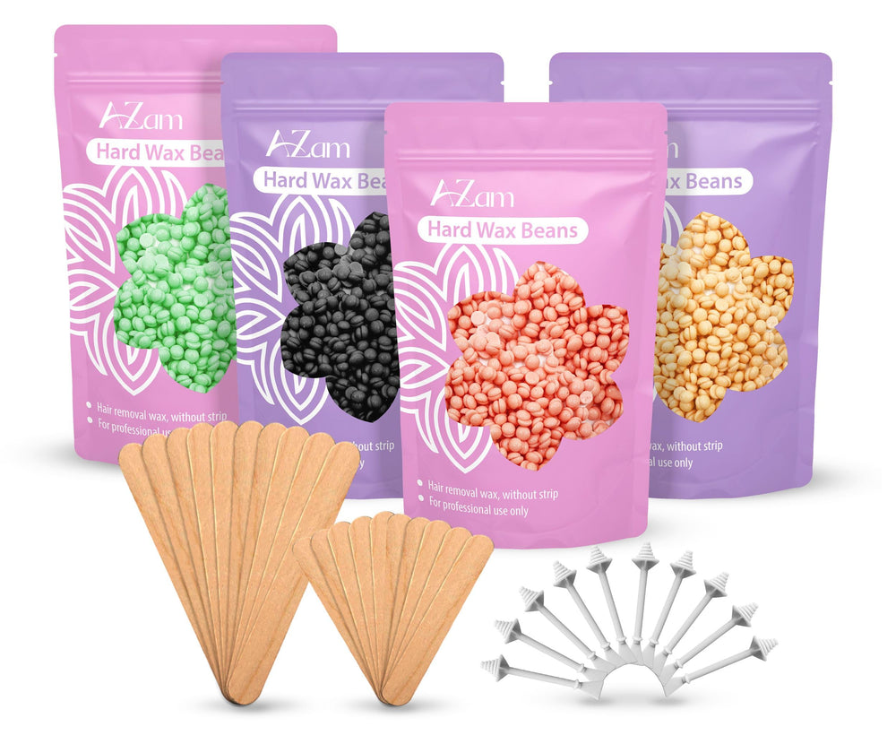 AZam hard wax beads kit contents shown for at-home waxing versatility.