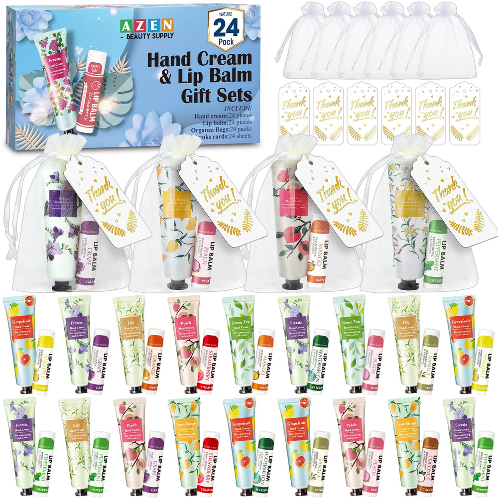AZEN 24-piece bulk gifts showing hand creams, lip balms, and organza bags for wedding favors