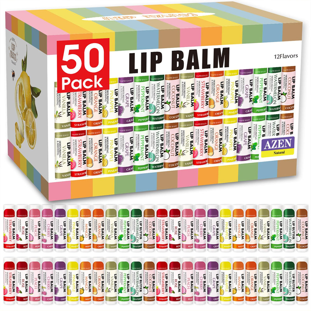 AZEN 50-pack lip balm flavors packaging shows bulk option for versatile lip care.