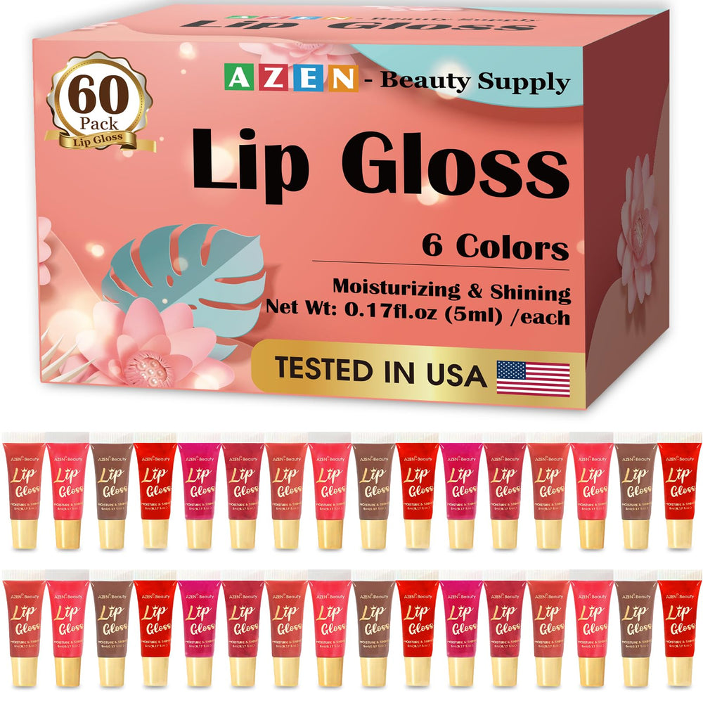 AZEN 60-pack lip gloss set closeup shows vibrant shades for daily looks.