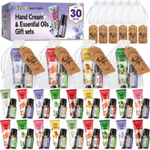AZEN bulk gifts show hand creams and essential oils organized in organza bags for gifting.