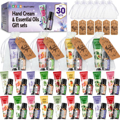 AZEN bulk gifts show hand creams and essential oils organized in organza bags for gifting.