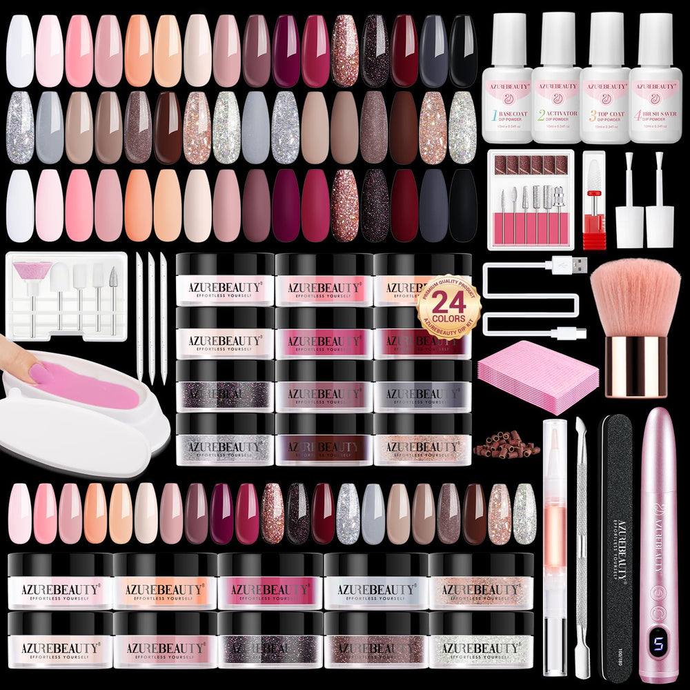 AZUREBEAUTY dip powder kit color swatches: 24 chic hues for nail art inspiration.