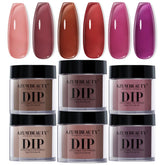 AZUREBEAUTY dip powder set pink-purple nude and red closeup for natural finish and long-lasting color