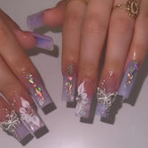 BABALAL purple press-on nails showcase long square butterfly design for elegant evening looks.