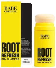 BABE ORIGINAL Root Refresh bottle close-up showcases aerosol-free, talc-free formula for quick refreshing.