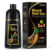 Bablabear black hair dye shampoo bottle demonstrates easy self-application for gray hair.