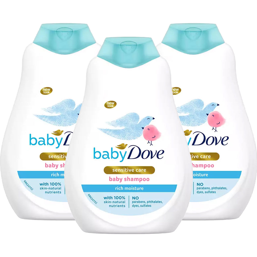 Baby Dove Rich Moisture Shampoo pack with three bottles for gentle daily cleansing
